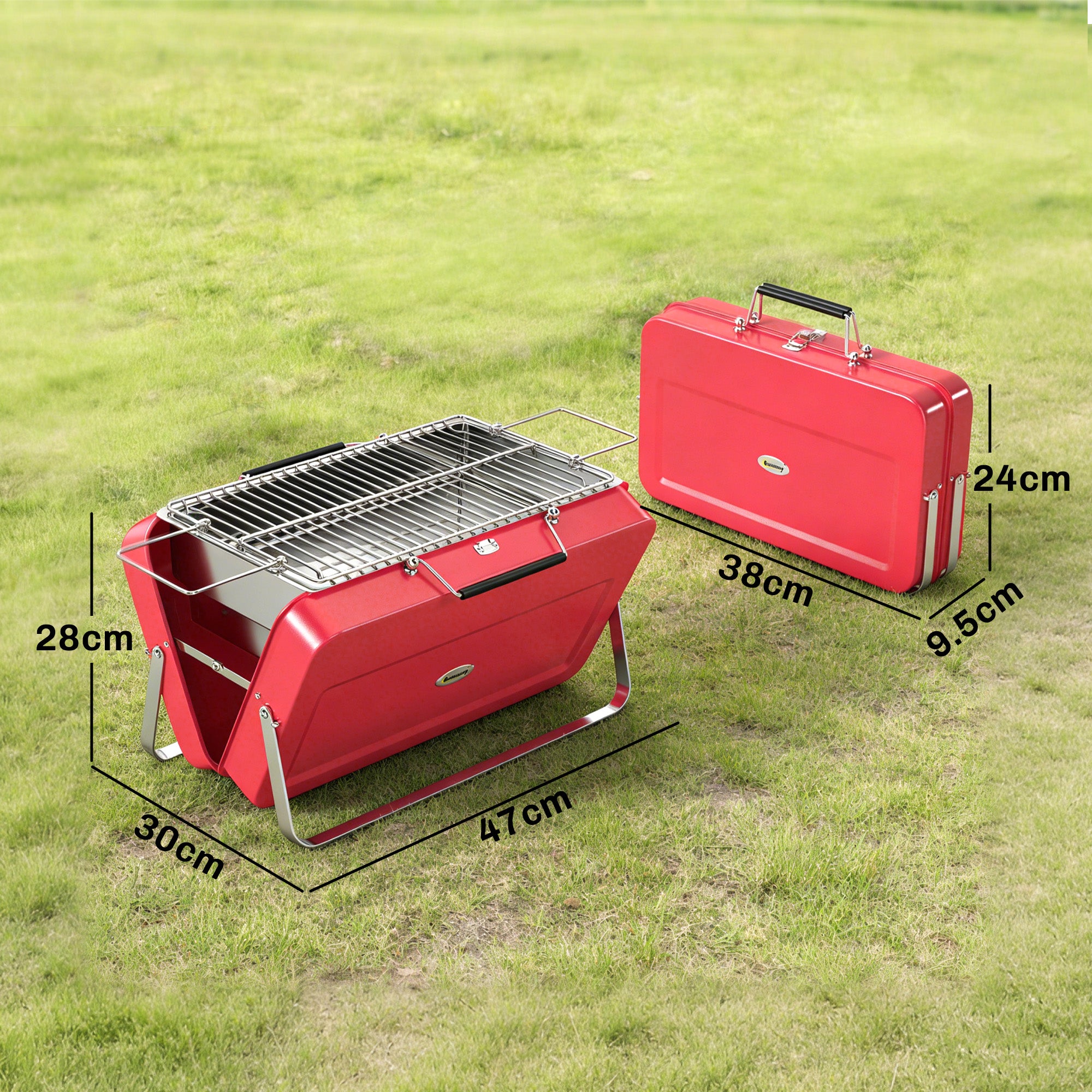 Outsunny Portable Mini Charcoal Barbecue Grill with Suitcase Shell, Outdoor Folding Tabletop BBQ Grill, Red 