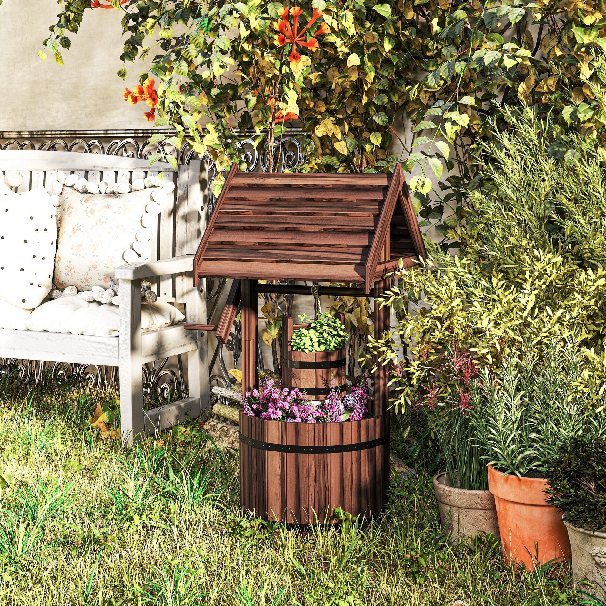 Outsunny Wood Wishing Well for Outside with Hanging Bucket, Wishing Well Planter with Drain Hole for Garden Patio, Carbonized 