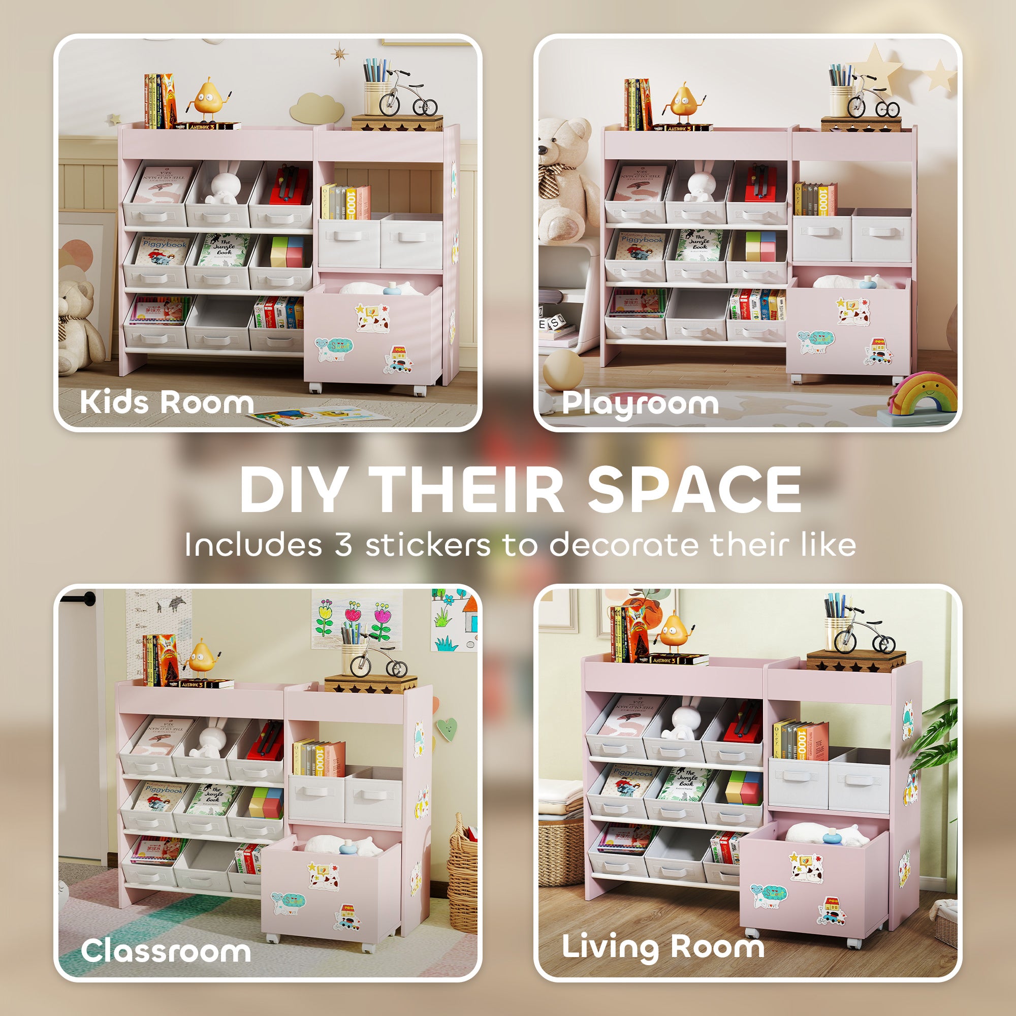AIYAPLAY Kids Toy Storage Unit with 11 Bins, Cabinet, Top Shelves, 3 Stickers, for Nursery, Playroom, Pink 