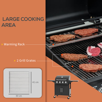 Outsunny 4 Burner Gas BBQ Grill Outdoor Portable Barbecue Trolley w/ Warming Rack, Side Shelves, Storage Cabinet, Thermometer 