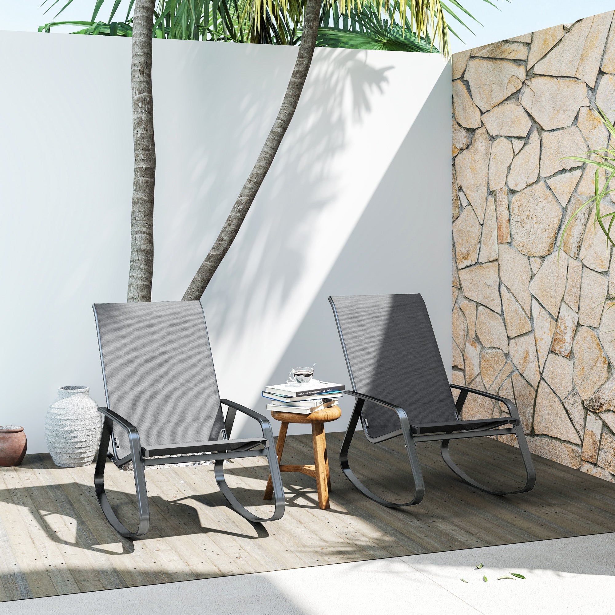 Outsunny Set of Two Rocking Garden Chairs - Grey 