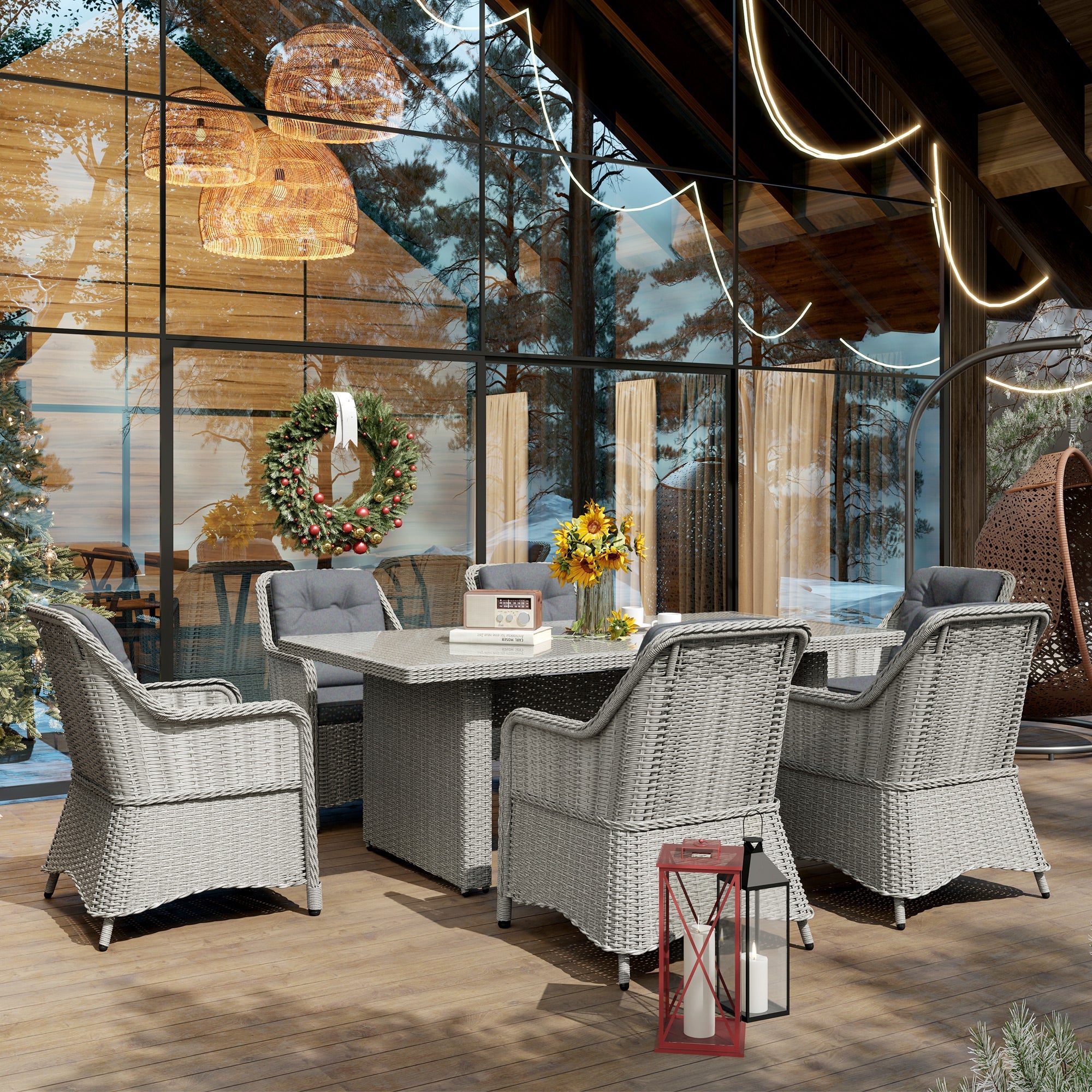 Outsunny 6 Seater Rattan Dining Set, Round PE Rattan Garden Furniture Set with Seat and Back Cushions, Aluminium Outdoor Dining Table and Chairs with 6 Armchairs, Rectangular Glass Top Table, Grey 