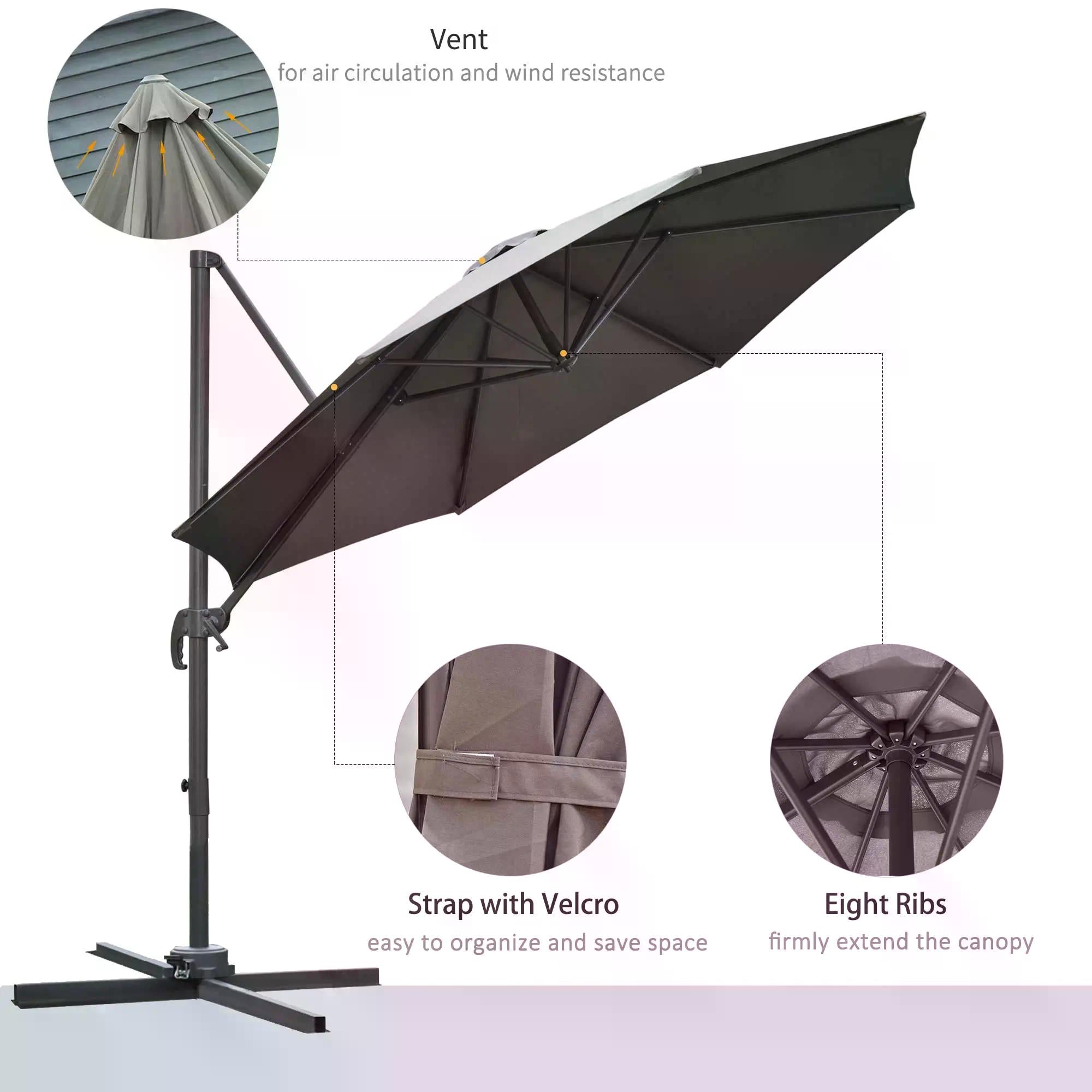 Outsunny 3(m) Offset Parasol Cantilever Hanging Umbrella 360° Rotation w/ Base Dark Grey 