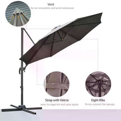 Outsunny 3(m) Offset Parasol Cantilever Hanging Umbrella 360° Rotation w/ Base Dark Grey 