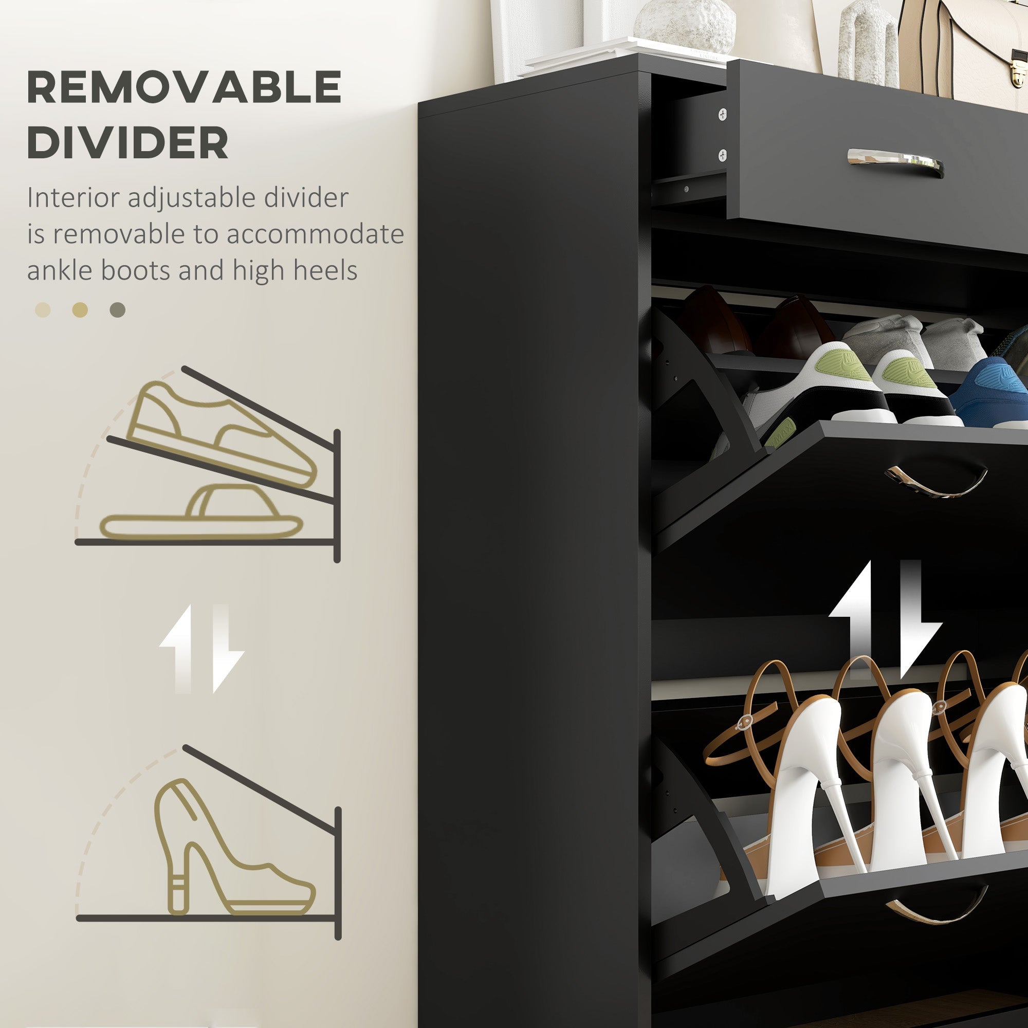 HOMCOM Narrow Shoe Storage with 2 Flip Drawers and Adjustable Shelves Shoe Cabinet Organizer for 12 Pairs of Shoes, Black 