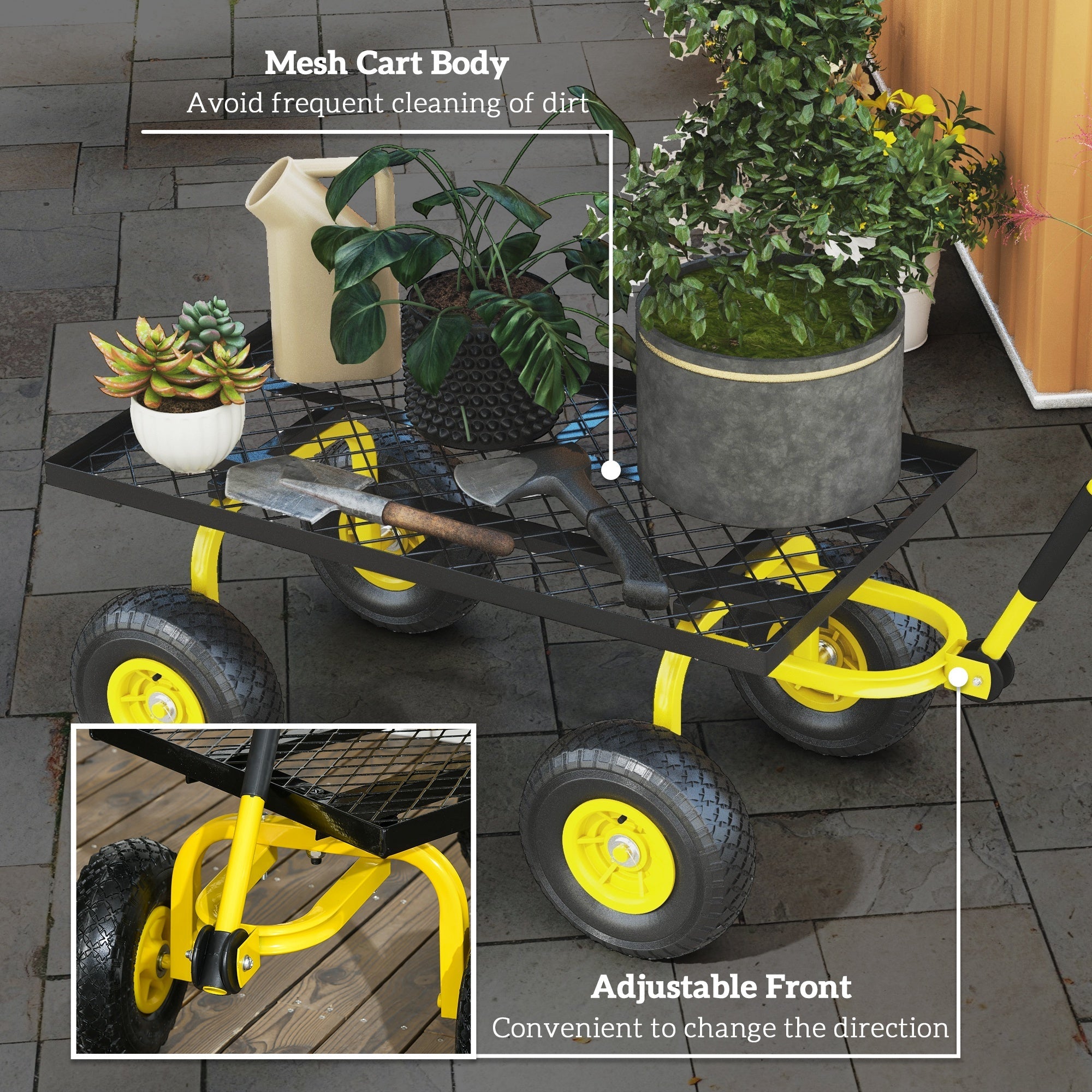 Outsunny Garden Trolley Cart, Heavy Duty Garden Cart with Metal Frame, 10" Pneumatic Wheels, Rotating Handle, 150kg Capacity, for Garden, Farm, Yellow 
