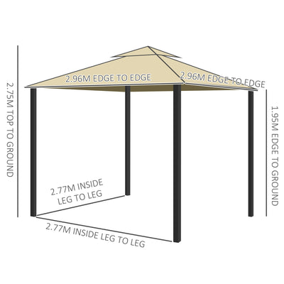 Outsunny 3 x 3(m) Patio Gazebo Canopy Garden Pavilion Tent Shelter with 2 Tier Water Repellent Roof, Mosquito Netting and Curtains, Aluminium Frame, Beige 