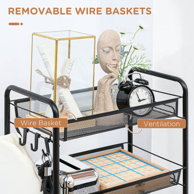 HOMCOM Five-Steel Mesh Basket Storage Trolley, with Wheels - Black 