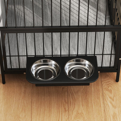 PawHut Dog Crate Furniture with Rotating Bowl Holder, 2 Bowls, 2 Doors, for Medium Dogs, 80 x 56 x 76.5 cm, Grey 