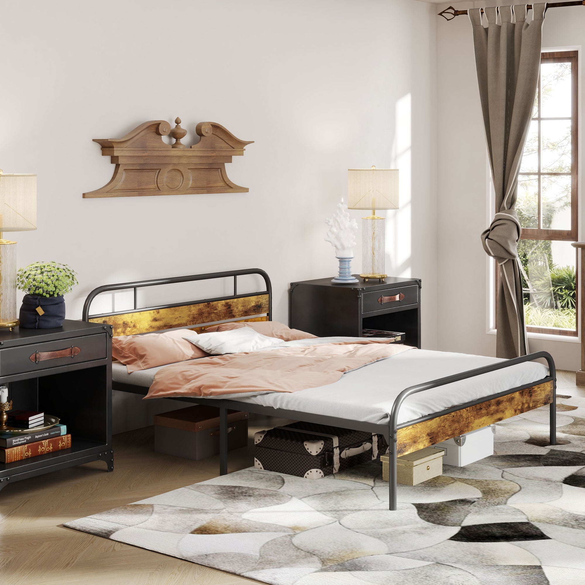 HOMCOM Industrial-Style King Bed Frame - Black/Brown 