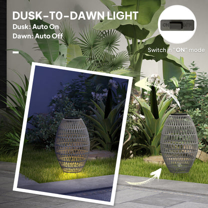 Outsunny Rattan Solar Lamp, Garden Solar Lantern with Auto On/Off Light, IP44 Waterproof, Decorative Outdoor Rattan Lamp for Porch, Pathway, Grey 