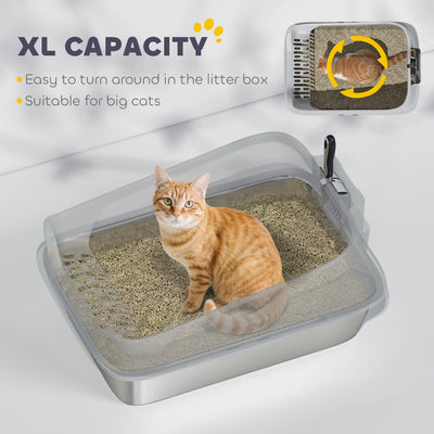 PawHut XL Stainless Steel Cat Litter Box with High Sides, Metal Scoop, 60 x 40 x 30 cm 