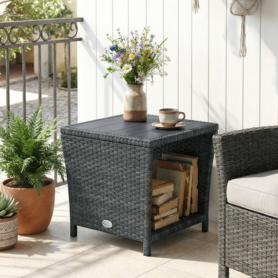 Outsunny Side Table 2-Tier Outdoor Coffee Table with Storage Shelf PS Wood Slat Top/Grey 
