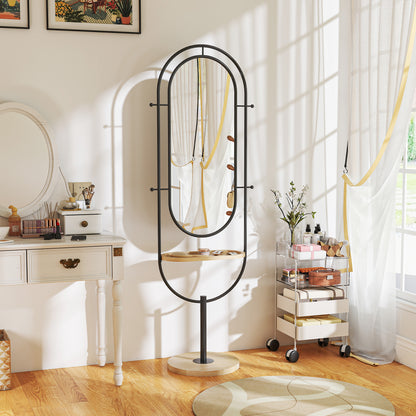 HOMCOM Oval Full Length Mirror with Wooden Tray and 4 Hooks - Black
