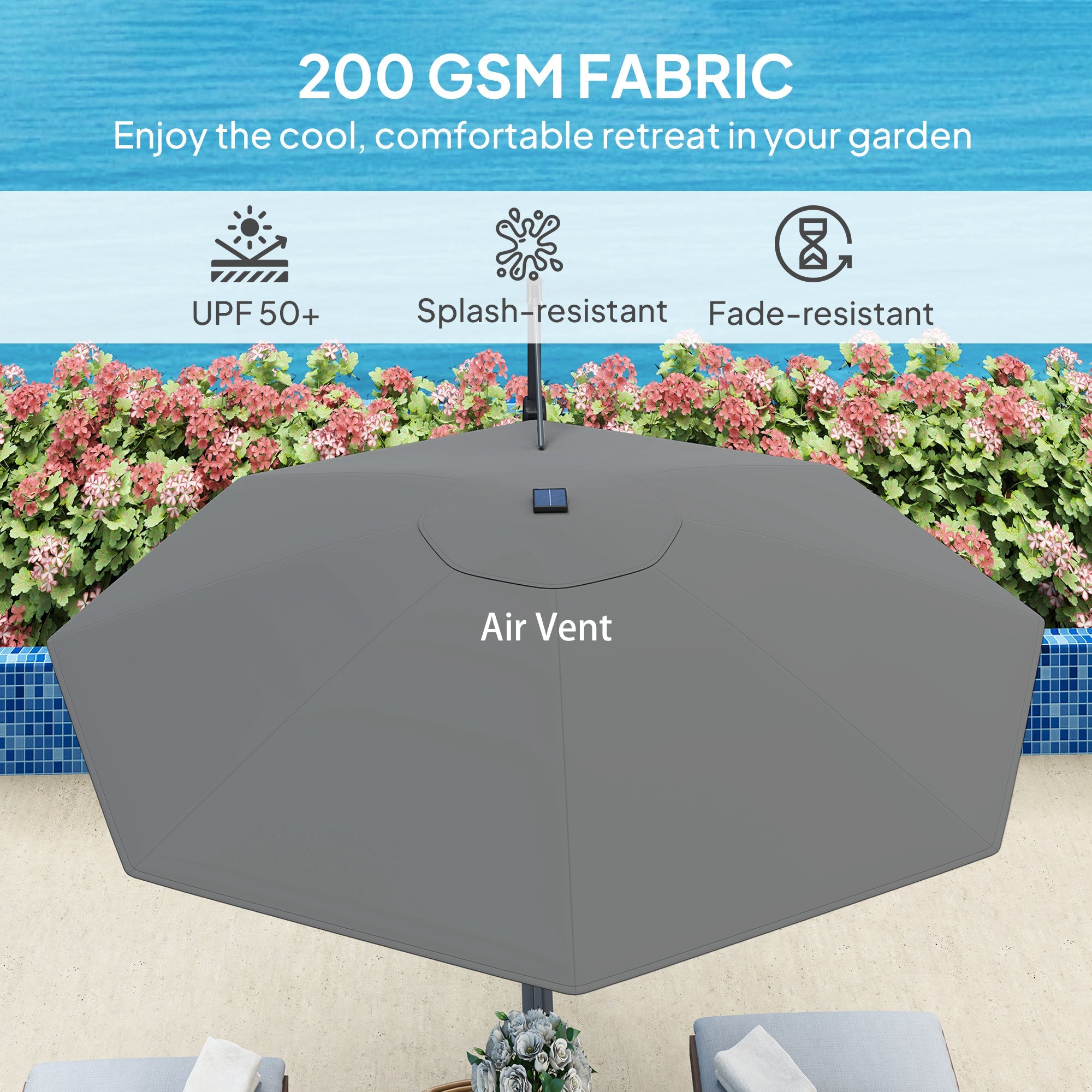 Outsunny 3(m) Cantilever Garden Parasol with Solar Powered Lights, Crank Handle & Cross Base, UPF 50+, 360° Rotation, Dark Grey 