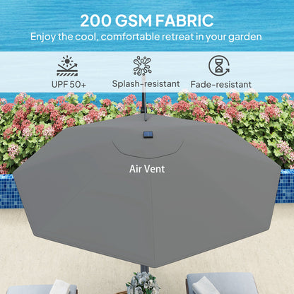 Outsunny 3(m) Cantilever Garden Parasol with Solar Powered Lights, Crank Handle & Cross Base, UPF 50+, 360° Rotation, Dark Grey 