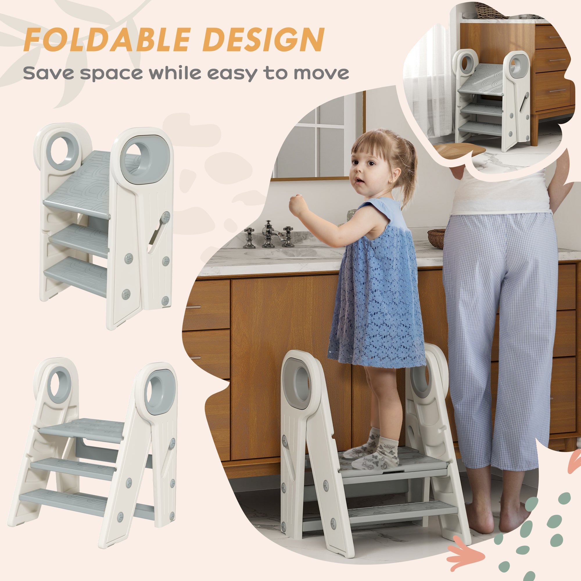 AIYAPLAY Foldable and Adjustable Toddler Tower with Handle, Non-Slip, Grey 