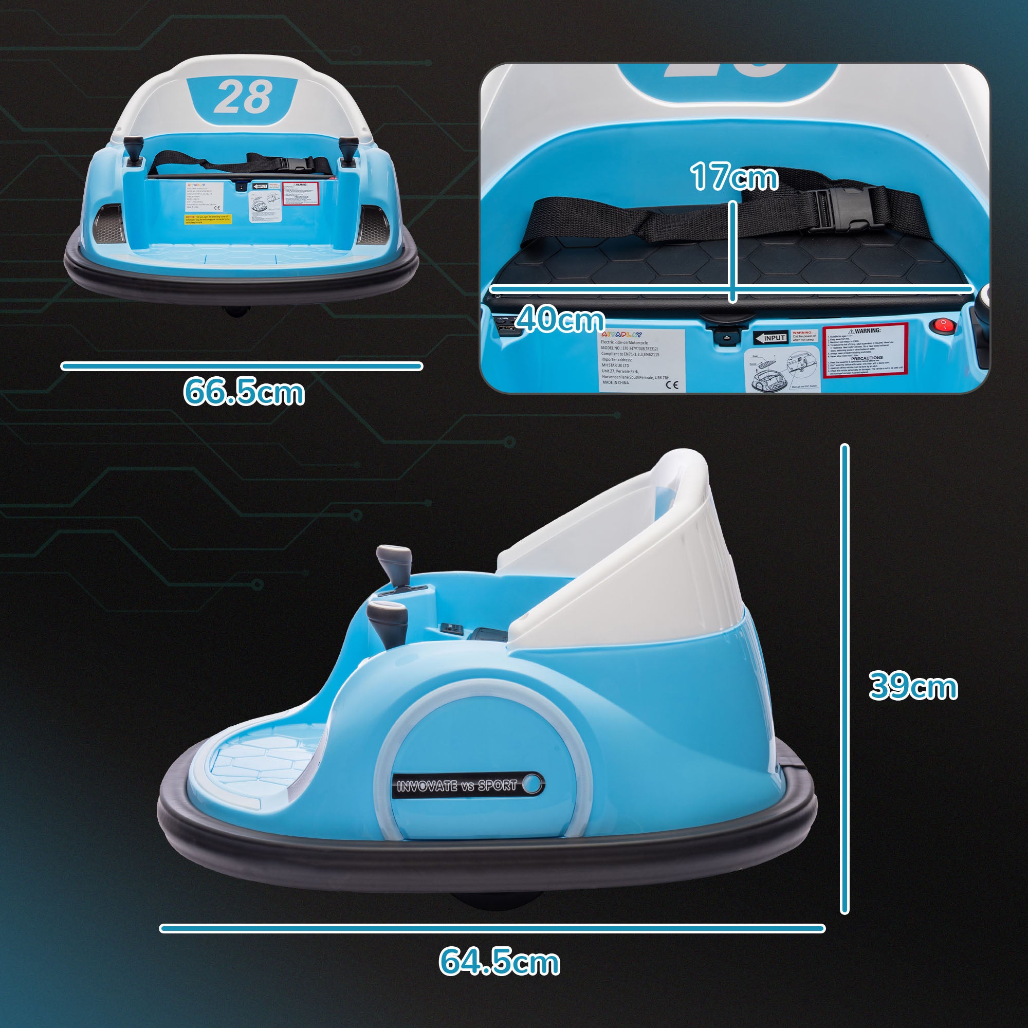 AIYAPLAY 360\'c2\'b0 Rotation Kids Bumper Car, 12V Waltz Car with Remote Control, Dual Joystick, Music, Lights, Light Blue