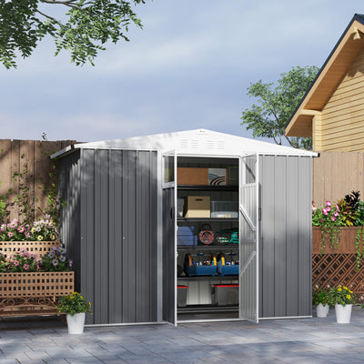 Outsunny 8 x 4 ft Metal Garden Shed, Garden Storage Shed with Window, 4 Vents and Lockable Door, Waterproof Galvanised Steel Tool Storage Shed, Light Grey 