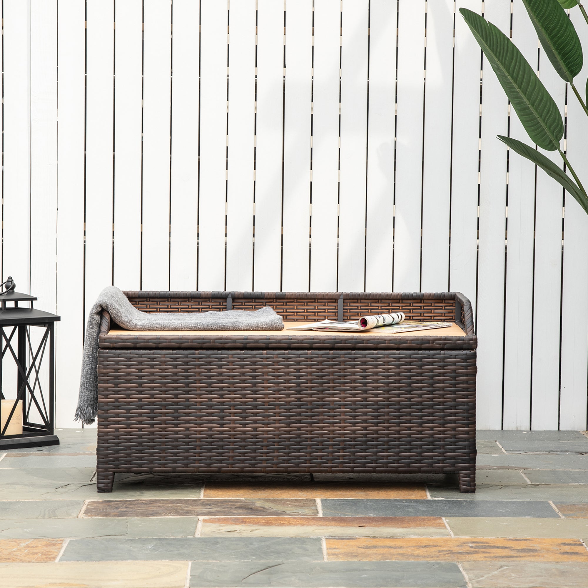 Outsunny 130 L Rattan Garden Storage Box, with Seat - Mixed Brown 