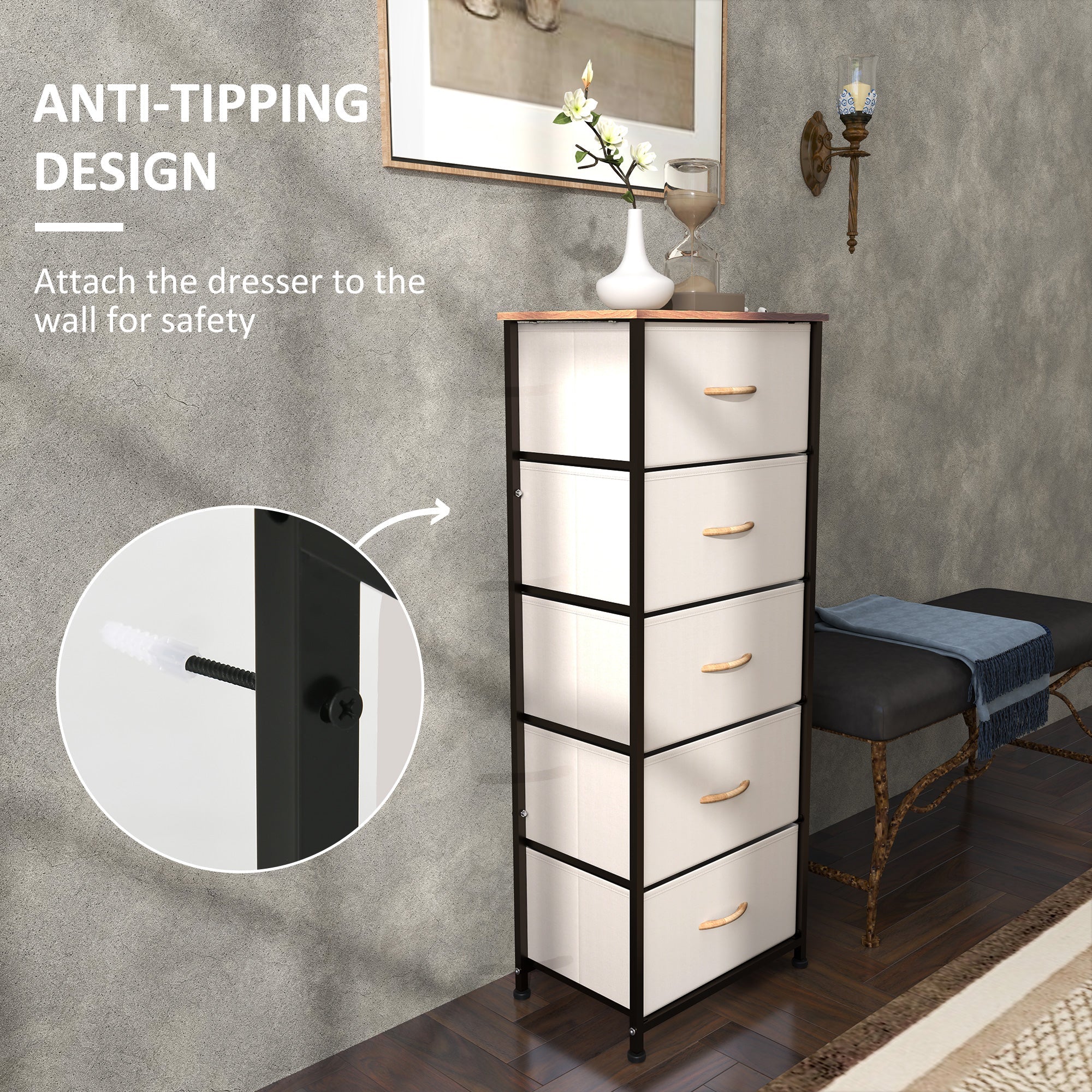 HOMCOM Fabric Chest of Drawers, Storage Drawers, Industrial Bedroom Dresser with 5 Fabric Drawers, Steel Frame and Wooden Top for Nursery, Living Room, Hallway, Cream White 