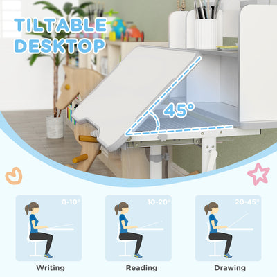 AIYAPLAY Height Adjustable Kids Desk and Chair Set, Children School Study Desk with Tiltable Desktop, Reading Rack, Grey 