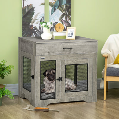 PawHut Dog Cage End Table with Two Doors, Drawer, for Medium Dogs - Grey 