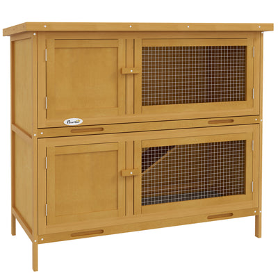 PawHut Double Decker Rabbit Hutch 2 Tier Guinea Pig House Pet Cage Outdoor with Sliding-out Tray, 100 x 47 x 91cm, Yellow 