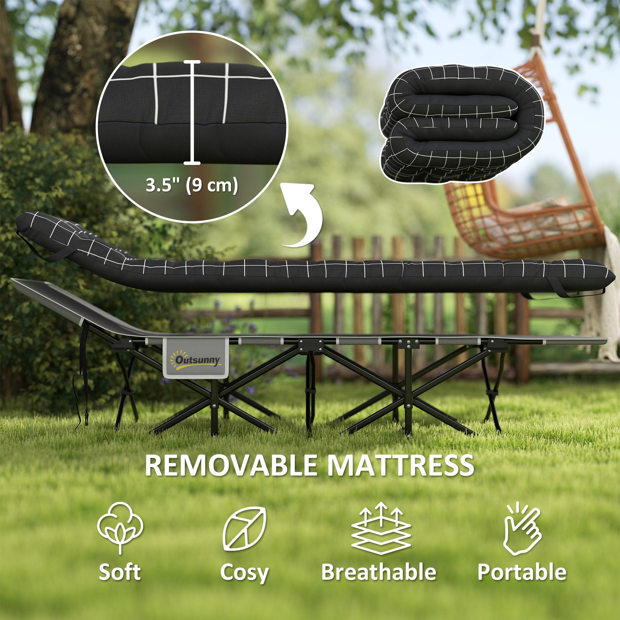 Outsunny 67cm Wide Folding Bed, Camping Cot for Adults with Mattress, Storage Pocket, Carry Bag, Max Load 150kg, Black 