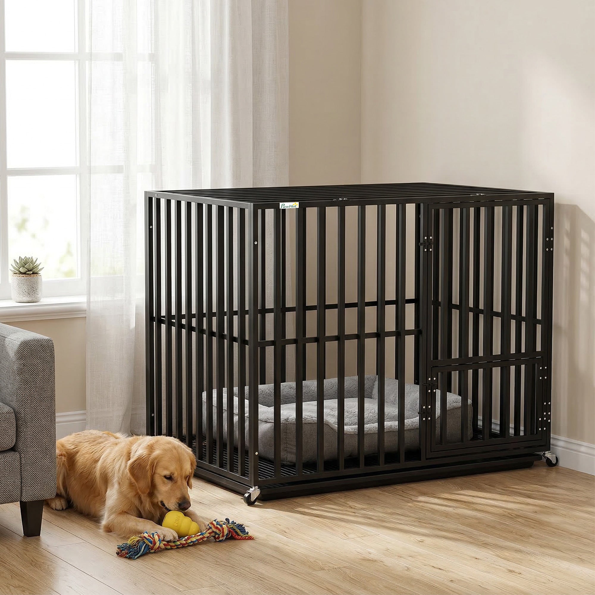 PawHut Heavy Duty Dog Crate, Dog Cage with Wheels for Medium Large Breeds, Metal Pet Kennel with Removable Tray 