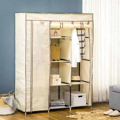 HOMCOM Fabric Wardrobe, Portable Wardrobe, Clothes Storage Unit with 8 Shelves, 2 Hanging Rods, 125 x 43 x 162.5 cm, Cream White 