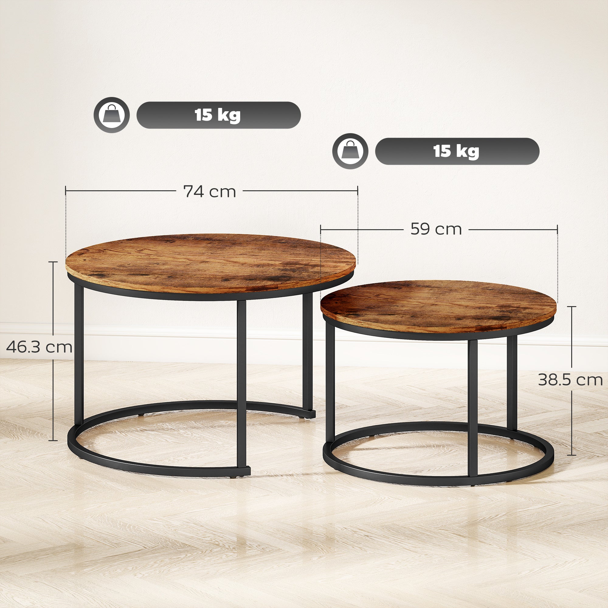 HOMCOM Coffee Table Set of 2, Round Nest of Tables with Metal Frame, Modern Side Tables for Living Room, Rustic Brown 