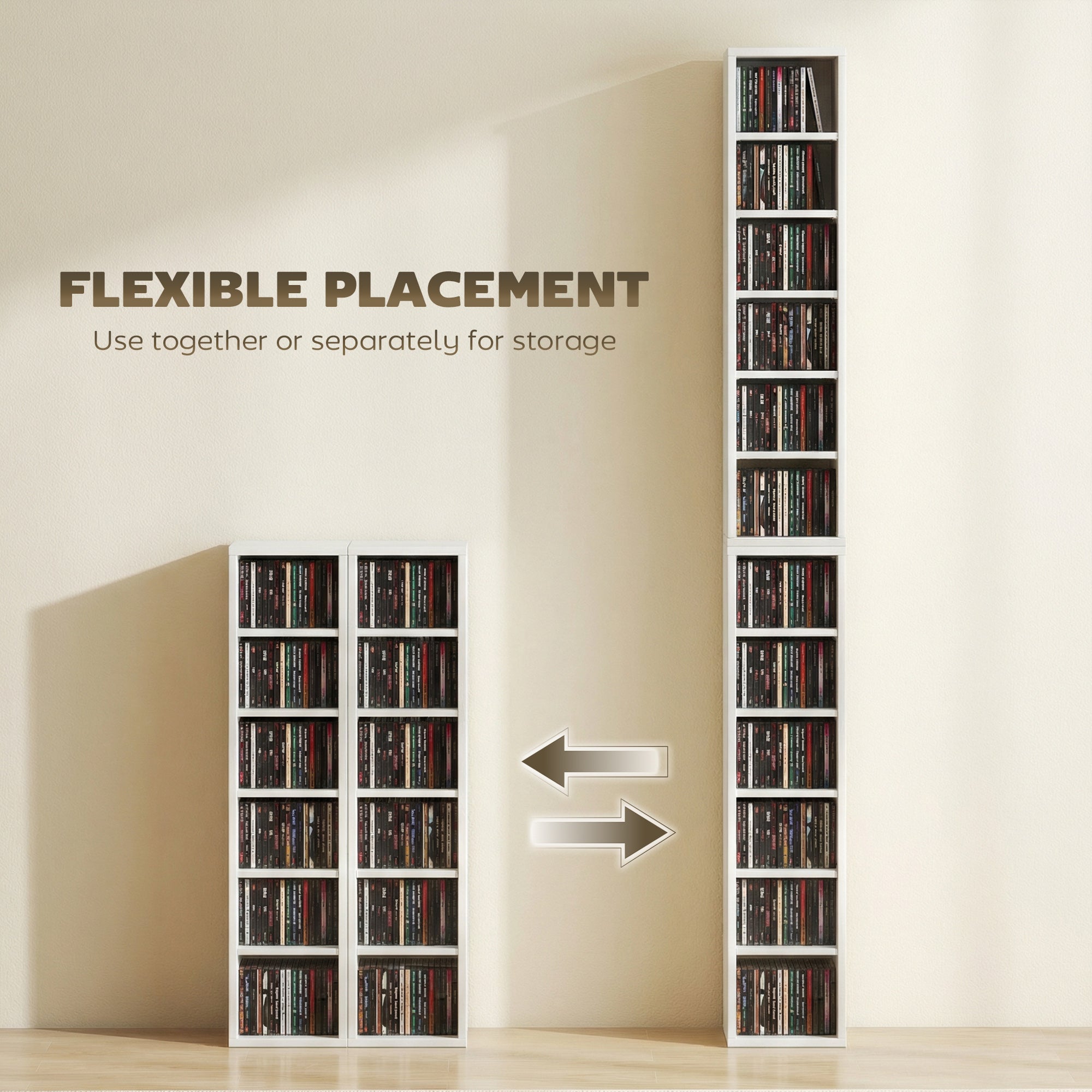 HOMCOM Set of 2 CD Media Display Shelf Unit Tower Rack with Adjustable Shelves, High Gloss White 