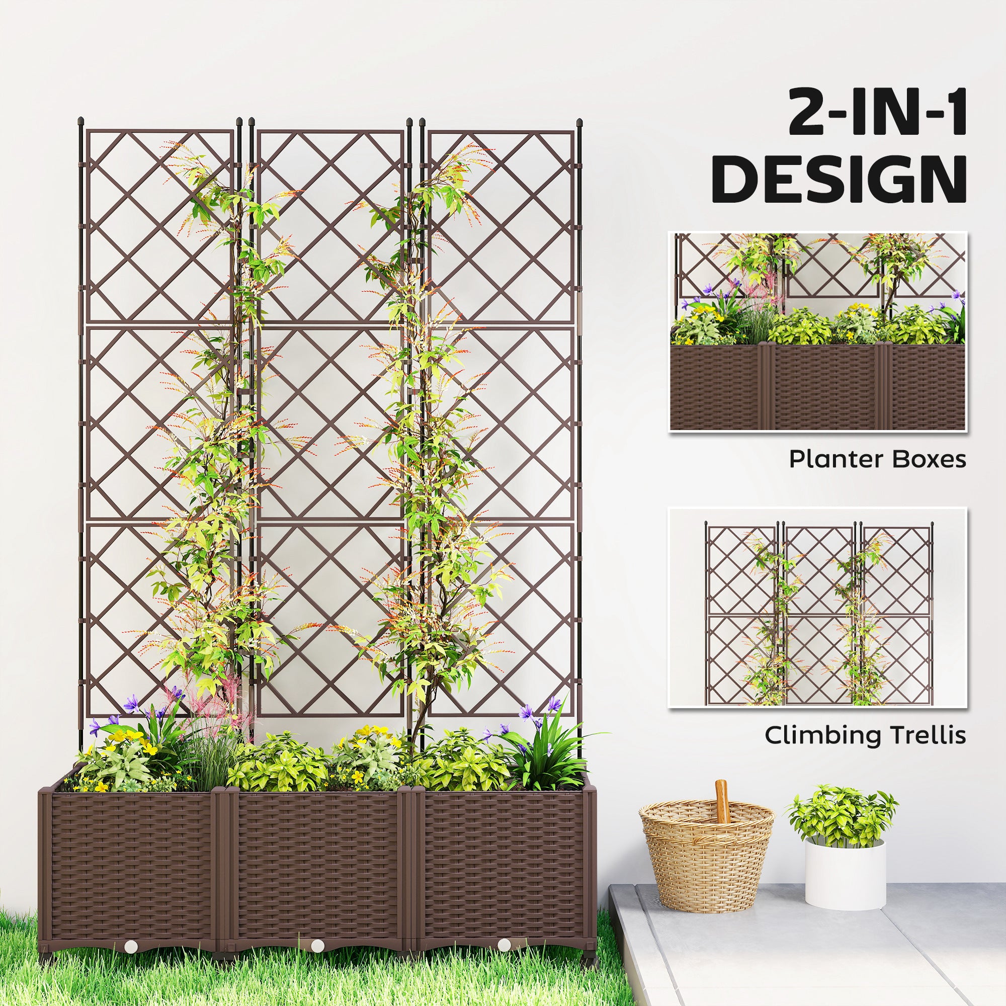 Outsunny Plastic Raised Planter with Trellis, Self Watering Raised Bed for Garden with Wheels, Drainage Holes and Plugs 