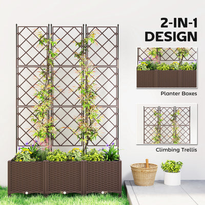 Outsunny Plastic Raised Planter with Trellis, Self Watering Raised Bed for Garden with Wheels, Drainage Holes and Plugs 