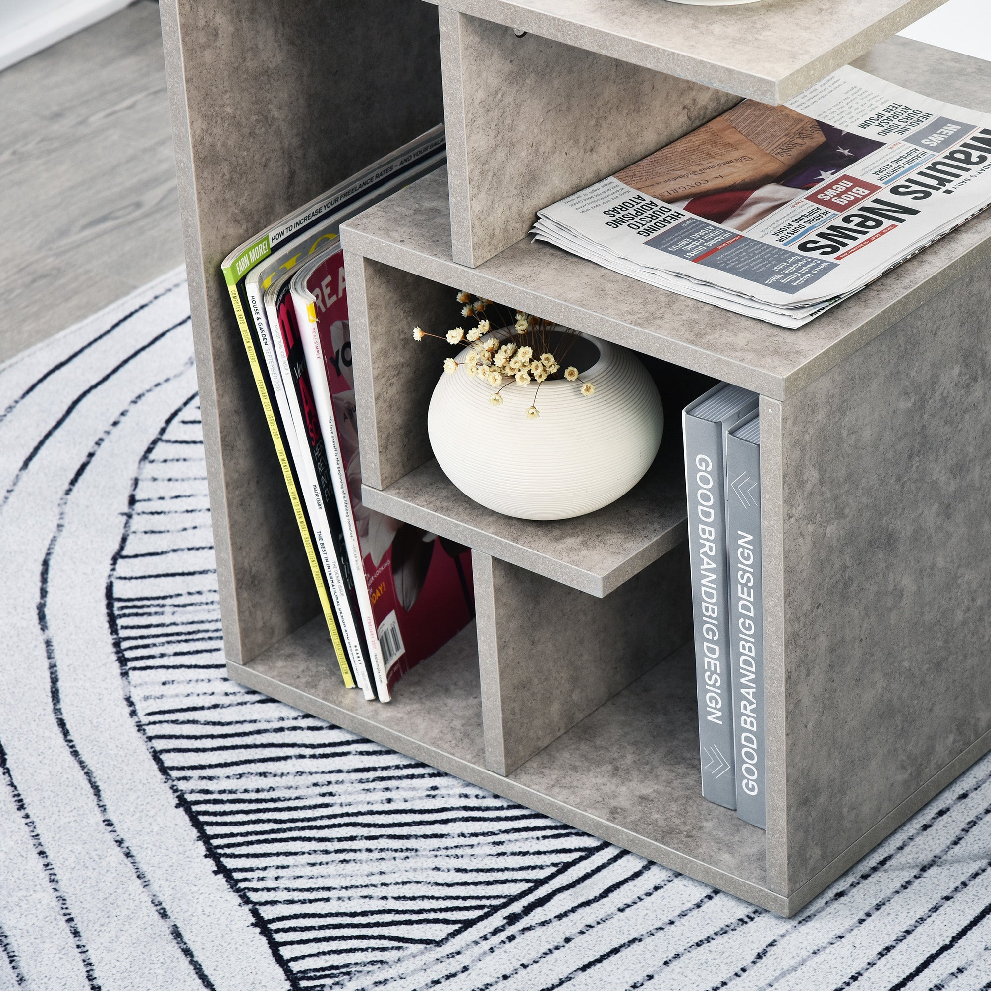 HOMCOM Side Table, 3 Tier End Table with Open Storage Shelves for Living Room, Bedroom, Cement Colour 