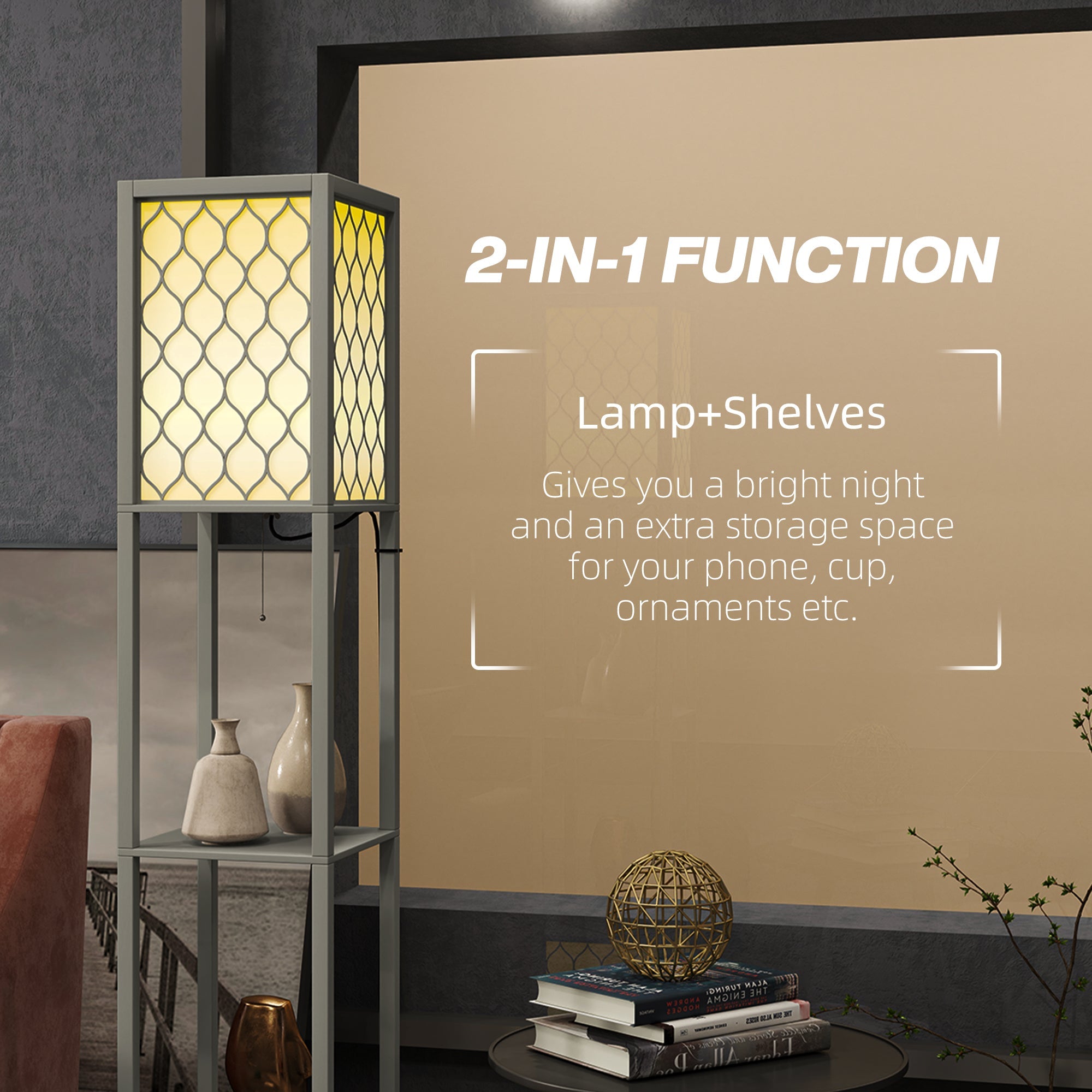 HOMCOM Floor Lamp with Shelves, Dual Light, Modern Tall Standing Lamps, with Pull Chain Switch (Bulb not Included), Light Grey 