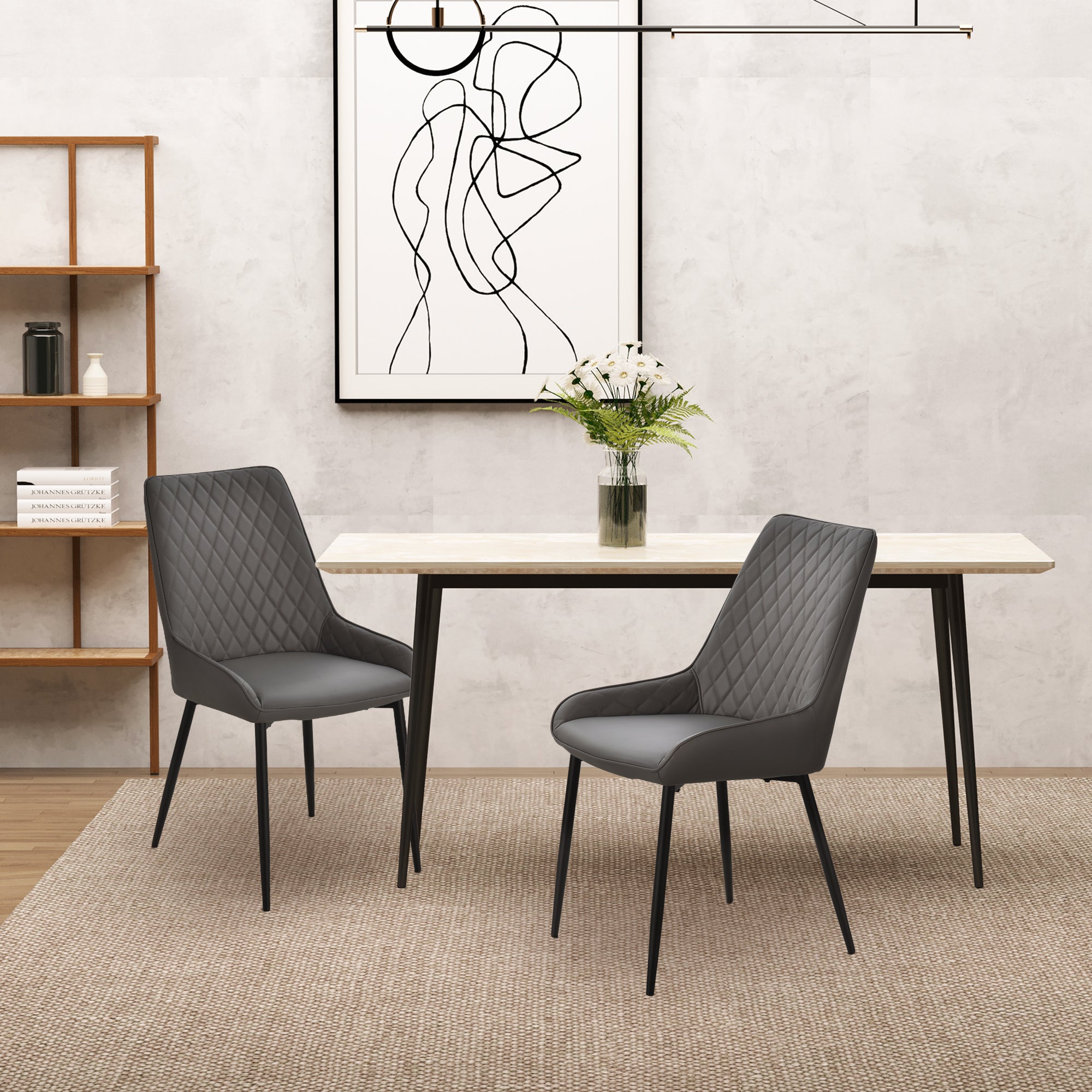 HOMCOM Set Of 2 Quilted PU Leather Dining Chairs with Metal Frame 4 Legs Foot Caps Home Seating Modern Stylish Executive Grey 