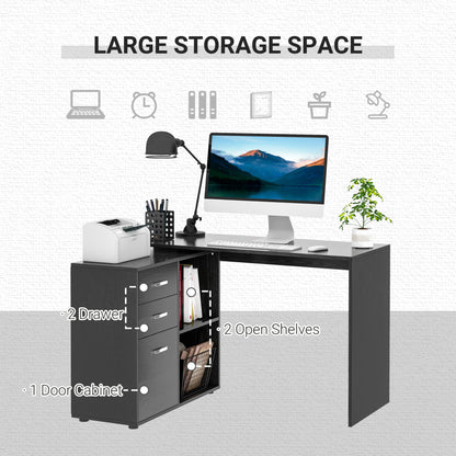 HOMCOM L Shaped Computer Desk, Reversible Home Office Desk with Drawers, File Cabinet and Storage Shelves, Study Table, 117 x 83.5 x 76cm, Black 