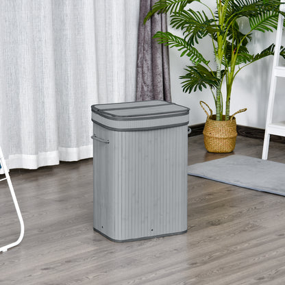 HOMCOM 70L Natural Wood Laundry Basket A Compartment w/Flip Lid Removable Lining Handles Board Base Foldable Durable Water-Resistant Dirty Clothes Storage Home Organisation Grey 