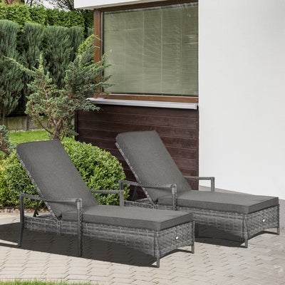 Outsunny PE Rattan Sun Loungers set of 2 with Cushion, Outdoor 2 Pieces Garden Sunbed Furniture with 4-Level Recliner Backrest, and Armrest, Grey 