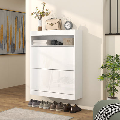 HOMCOM 16 Shoe Pair Storage Cabinet, with Flip Doors - High Gloss White 