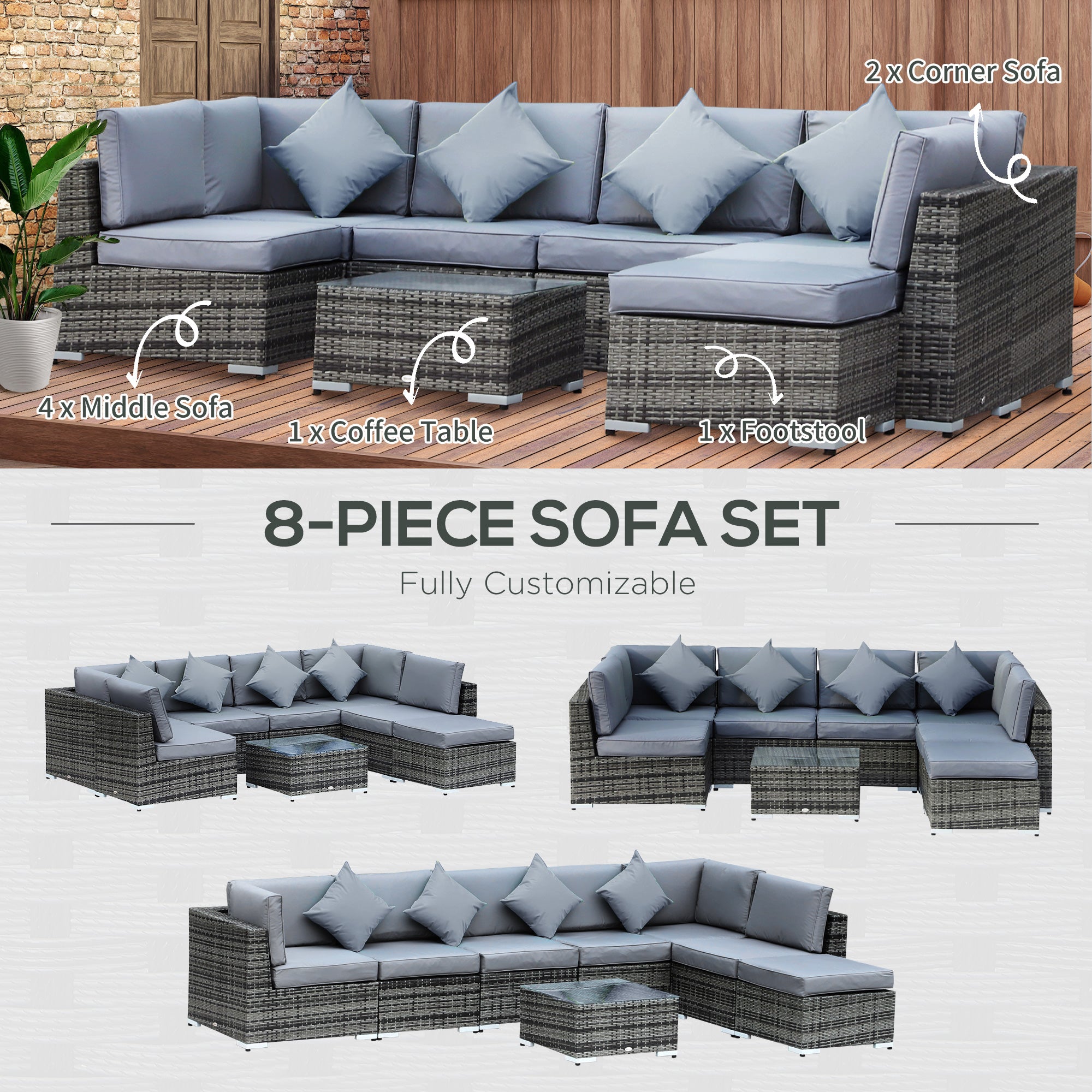 Outsunny 8 Pieces PE Rattan Corner Sofa Set with Thick Cushions, Aluminium Outdoor Rattan Garden Furniture Set with Glass Top Table, No Assembly Required, Grey 