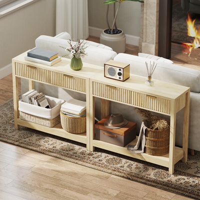 HOMCOM Modern Console Table with Fluted Panel Drawers, Narrow Hallway Table with Shelf for Entryway, Living Room, 90 x 30 x 76 cm, Natural Wood Finish 