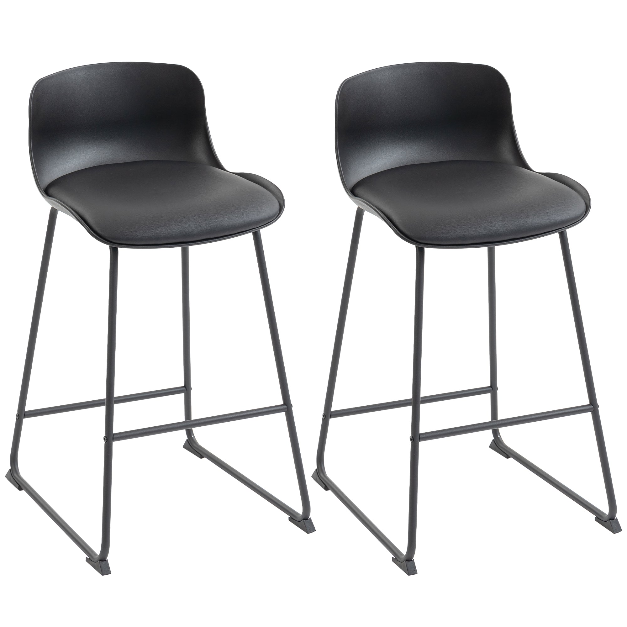 HOMCOM Modern Bar Stools Set of 2, PU Leather Barstools, Counter Height Kitchen Chairs for Breakfast Bars, Dining Room, Black 