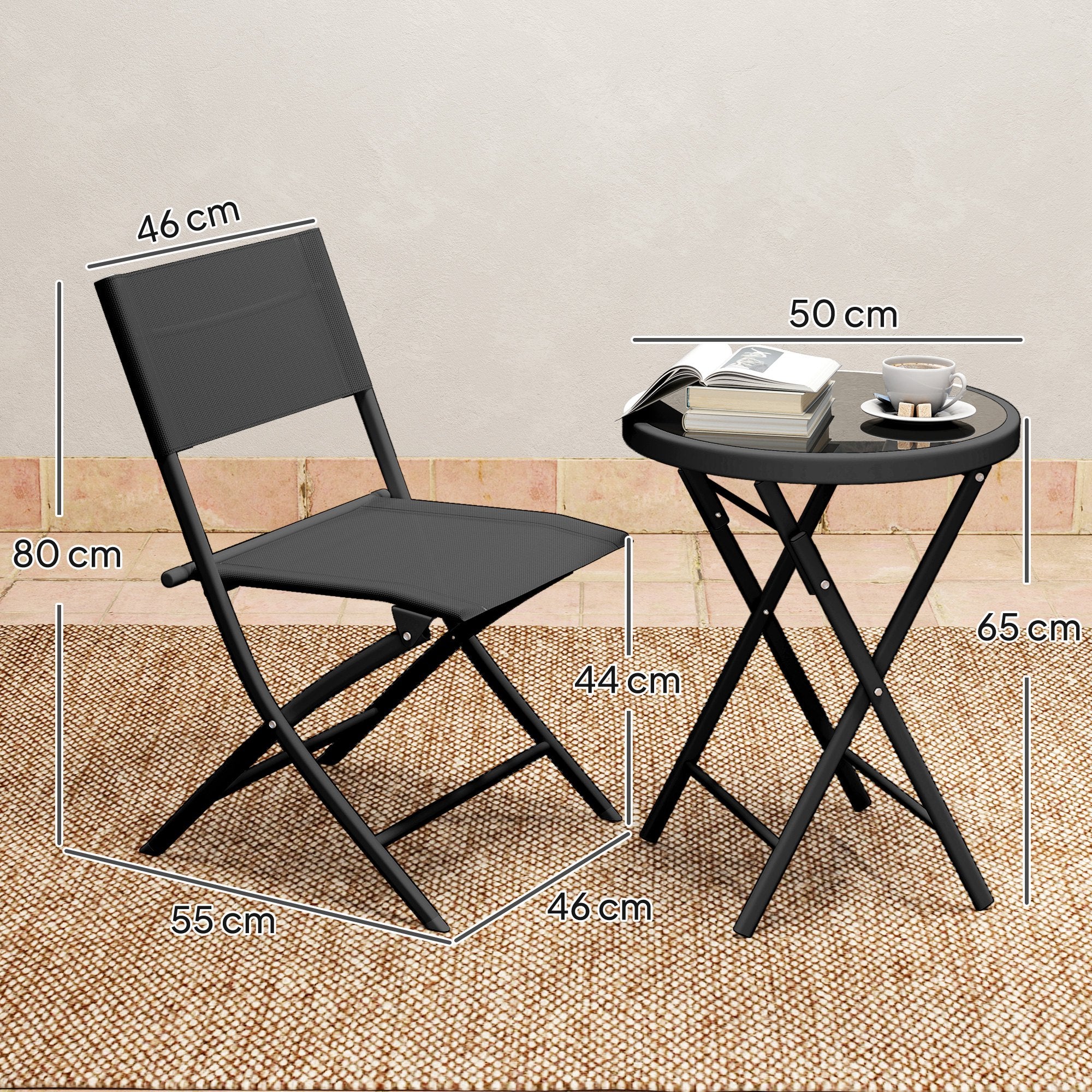 Outsunny 3 Pieces Outdoor Bistro Set, Glass Top Outdoor Table and 2 Folding Chairs with Protecting Feet, Black 