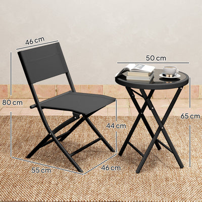 Outsunny 3 Pieces Outdoor Bistro Set, Glass Top Outdoor Table and 2 Folding Chairs with Protecting Feet, Black 