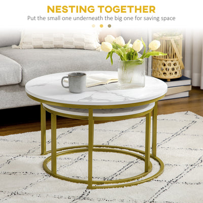 HOMCOM Coffee Table Set of 2, Round Nest of Tables with Faux Marble Tabletop and Metal Frame, Modern Side Tables for Living Room, White 