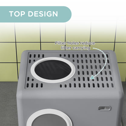 PawHut Enclosed Cat Litter Box, with Lid, Front Entry, Top Exit, Pull-Out Tray, Scoop - Grey