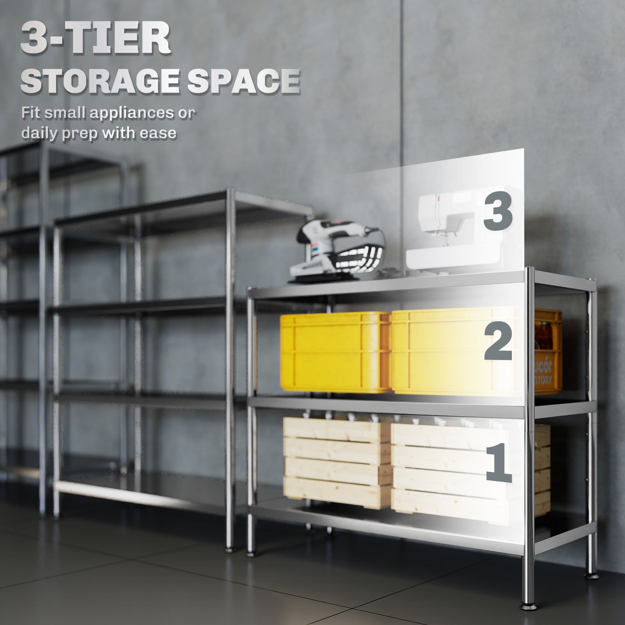 HOMCOM 3-Tier Bakers Rack with Storage, Stainless Steel Microwave Stand with Adjustable Shelves for Small Spaces, Kitchen Storage Unit for Spices, Pots and Pans, Silver Tone 